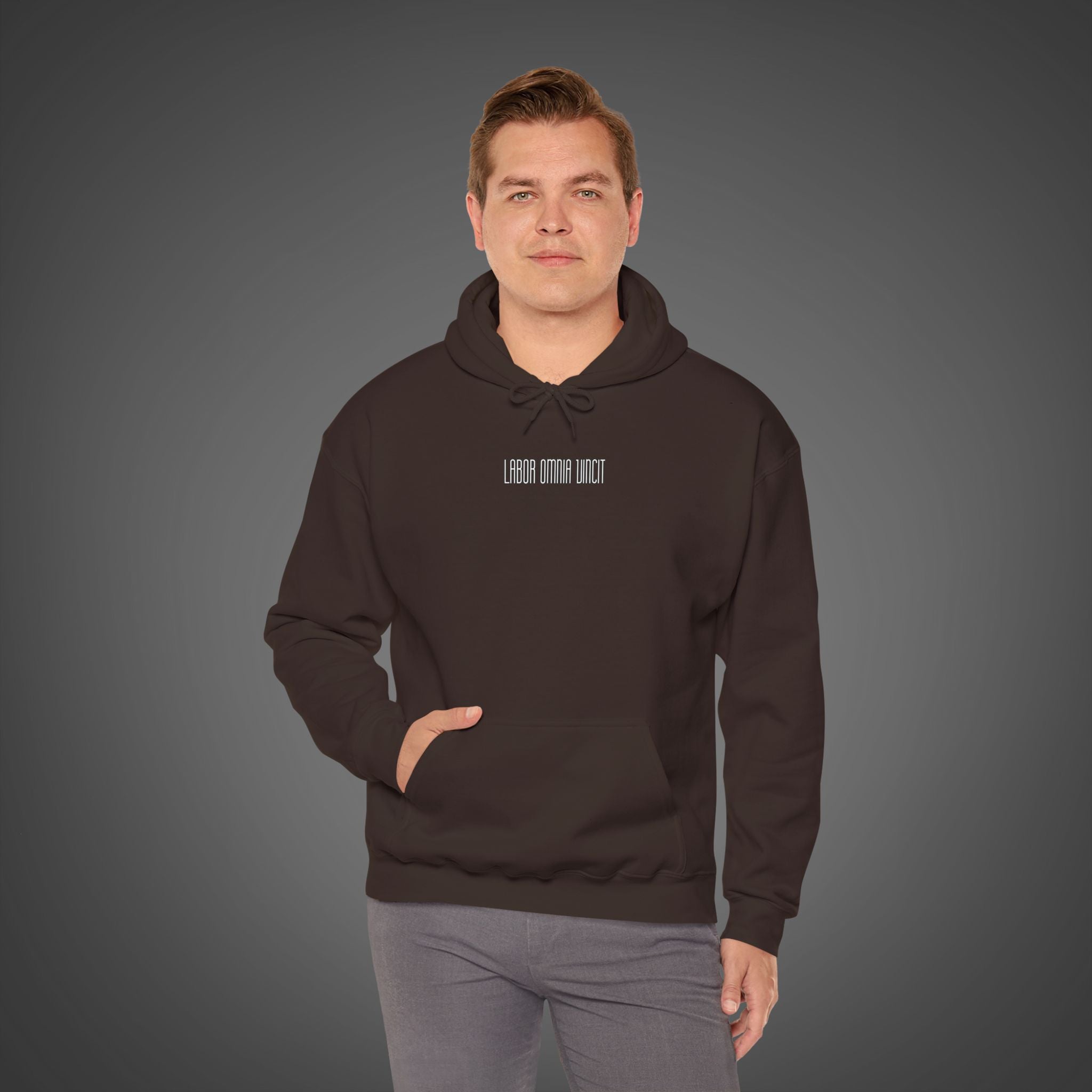 Men 's  "Labor Omnia Vincit " - "Work conquers all" Hoodie